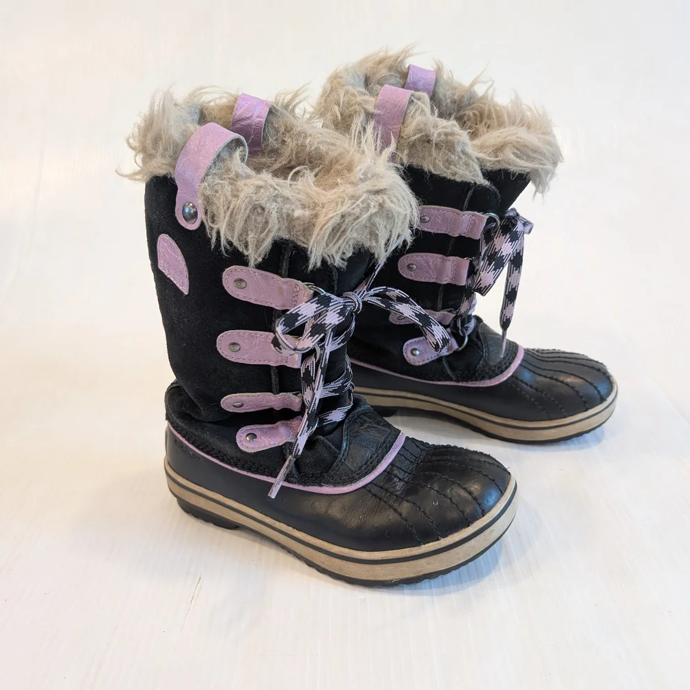 SOREL Girls Joan Of Arctic Black Purple Lace-up Winter Snow Boots Size 1